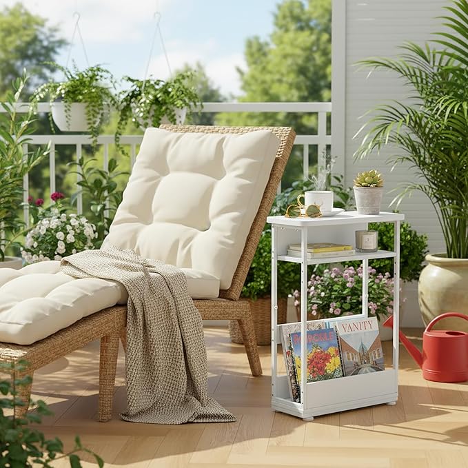 Narrow Side Table,3-Tier Slim End Table with Storage Shelf,Modern Sofa Table Thin Side Table for Narrow and Small Spaces, Skinny Bedside Table Small Nightstand with Magazine Rack Space Saving/White