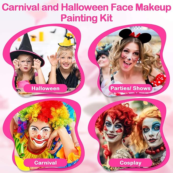 Professional Face Painting Kit for Kids and Adults – 54 Color Water Activated Cosplay Makeup Kit, Non-Toxic Body Paint with Stencils, Gems, Brushes– for Halloween FX, Bday Parties, School Event