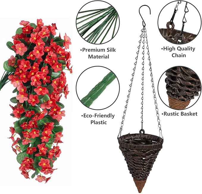 Artificial Fall Hanging Flowers with Baskets, Fake Silk Hanging Basket Daisy Orchid Flowers Plants, Faux Mums Flower Centerpieces for Home Indoor Outdoor Garden Patio Autumn Decoration(Red)