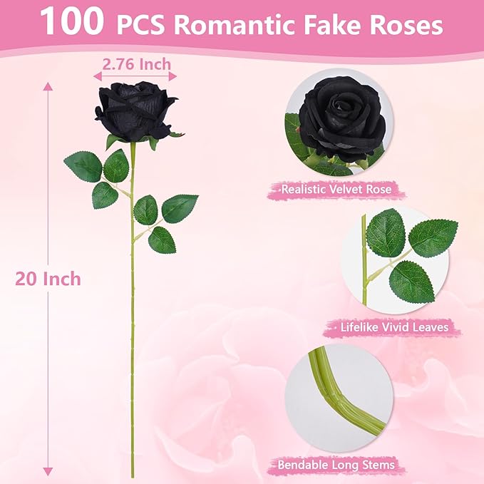 BLEUM CADE 100 Pcs Black Roses Artificial Flowers, Real Touch Velvet Roses Fake Flowers Bulk, Artificial Roses Bouquet with Long Stems Bridal DIY Wedding Party Centerpiece Decorations