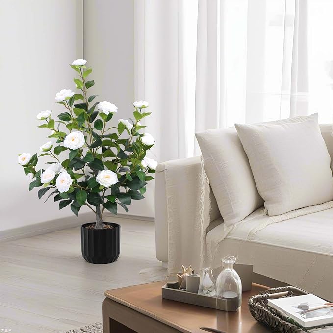 Hananona 2 Pcs Artificial Camellia Trees Faux Camellia Plant in Pot with Flowers Indoor Plants for Spring Home Decor Outdoor Porch Front Door Decor (White, M)