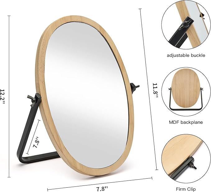 Vanity Makeup Table Mirror - Desk Mirrors 360 Adjustable Rotation,Wood Framed Small Standing Mirror for Bedroom,Tabletop,Office,Antique,Dresser,Countertop 11.8'' x 7.8''