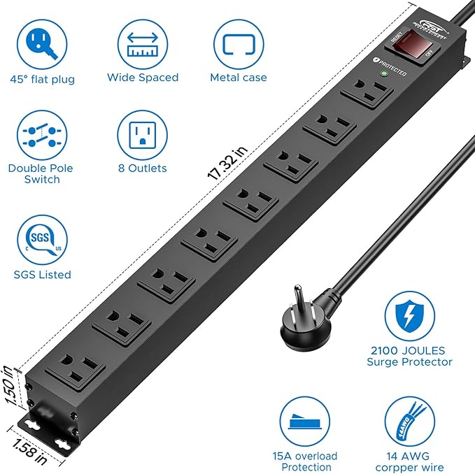 CRST 8 Outlet Metal Heavy Duty Power Strip, 2100J Surge Protector with 6FT Cord, 15A/1875W Wide Spaced Mountable Industrial Power Strip for Garage/Workshop/Office