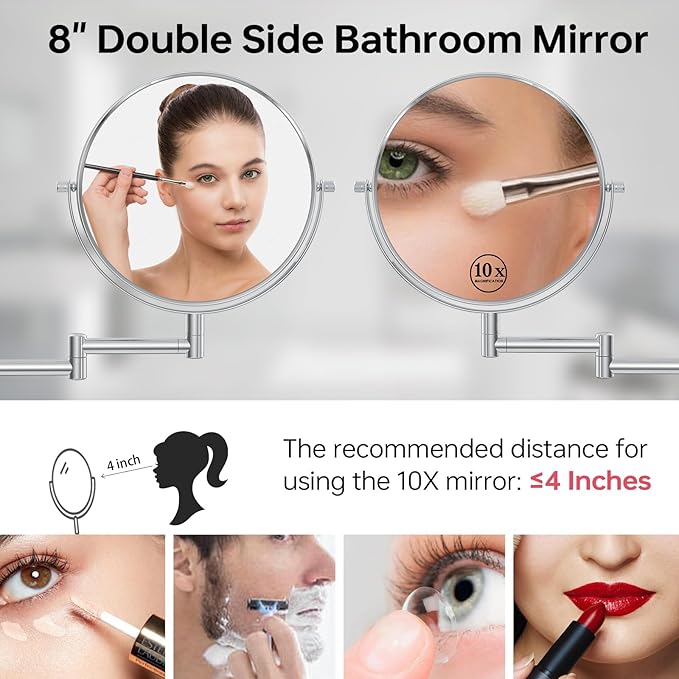 Wall Mounted Makeup Mirror, 10x/1x Double-Sided Magnifying Mirror, 360° Extendable Arm Bathroom Mirror, 8 inch Vanity Mirror for Makeup or Shaving Chrome Finish