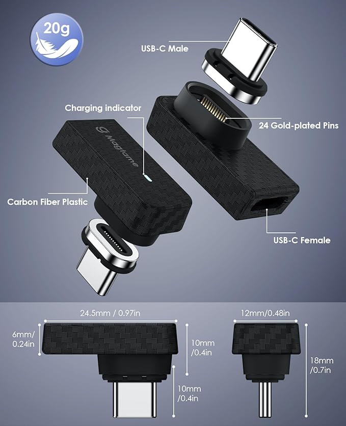 Magtame Magnetic USB C Adapter 90 Degree 24Pin 240W (1Pack with 2 Tips), Right Angle Carbon Fiber Plastic Male to Female USB C Extender, 40Gbps & 4K Video for Laptop, iPhone 17/16/15, Galaxy, Laptop