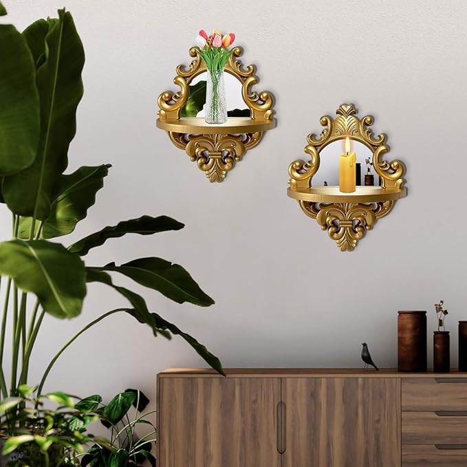 Three-Dimensional Relief Candle Sconces Set 2 Rustic Wall Mount Candle Holders Wood Hanging Wall Decor Mirrored Wall Art Hand Carved Home Decoration Gold