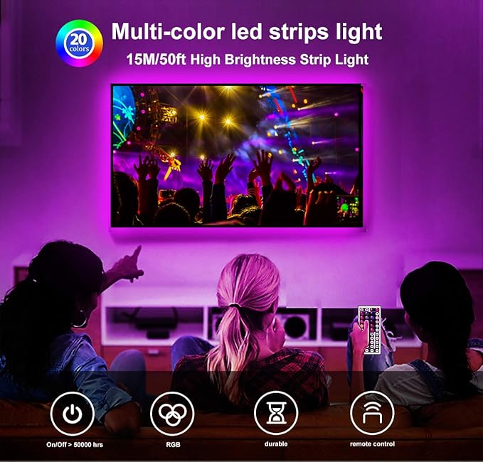 DAYBETTER Led Strip Lights 50ft, Color Changing Led Light Strip with Remote Control, 5050 RGB Strip Lighting Suitable for Home Decor, Living Room, Kitchen, Home Party Decoration