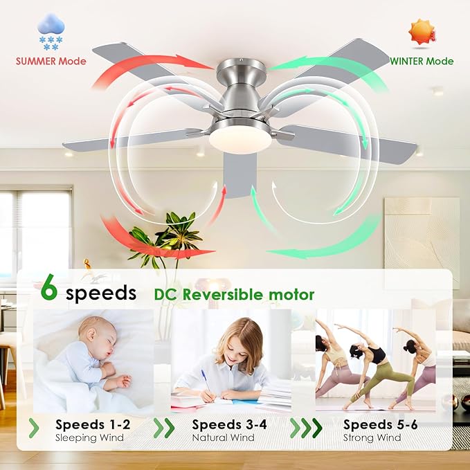 Ceiling Fans with Lights, 52" Flush Mount Ceiling Fan with Light and Remote/APP Control, Low Profile, Modern Ceiling Fan Reversible, Dimmable, Noiseless, Ceiling Fan for Bedroom，Brushed Nickel
