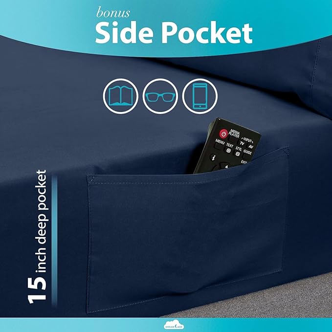 DREAMCARE Queen Size Sheets - Cooling Bed Sheets - 4pcs Set - up to 15" Deep Pocket Queen Sheet Set - Sheets Queen Size Bed - Soft & Long Lasting 100% Fine Brushed Polyester with Side Pocket - NBlue