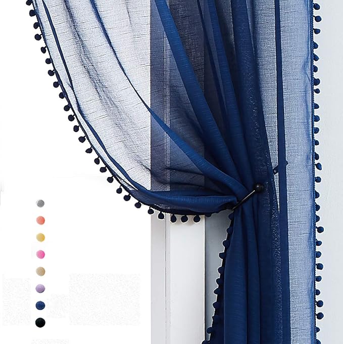 Treatmentex Pompom Sheer Window Curtains for Boy's Bedroom Guest Room Navy Blue Slub Textured Sheer Drapes for Window Office 108" Length, 52" w x 2 Pack Rod Pocket