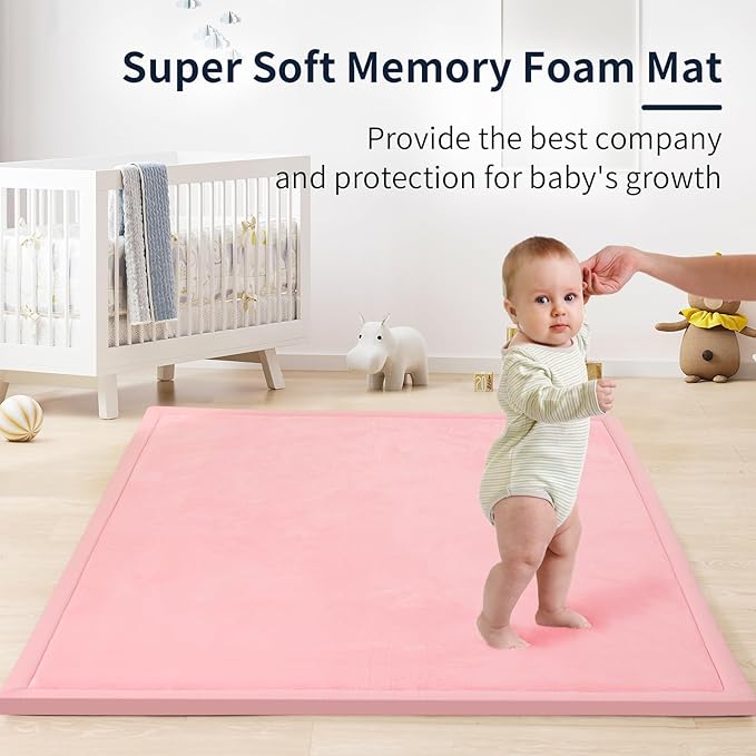 ACOMOPACK Baby Play Mat for Floor 1.3" Thick Memory Foam Play Mats 71"×79" Tummy Time Crawling with Non-Slip Bottom for Living Room,Nursery,Soft Velvet Playpen for Kids,Infants（Pink）