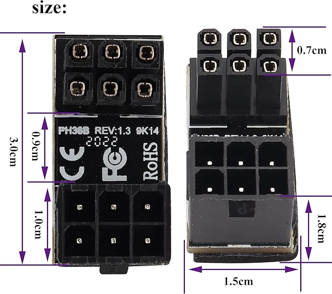 180 Degree 6Pin PCI Power Adapter 180 Degree Angled ATX 6Pin Female to 6pin Male Connector Power Adapter Board for Desktop Graphics Card(2Pack-UP/6Pin)