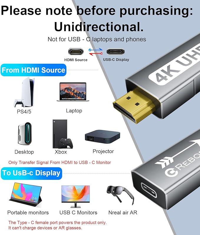 Reborn HDMI to USB C Adapter 4K 60Hz | Uni-Directional HDMI Source to Type-C Display Adapter for AR Glasses XREAL One、Air 2 Pro/VITURE Pro/RayNeo Air 2s/Rokid,PS5,Portable Monitors - 1 Pack