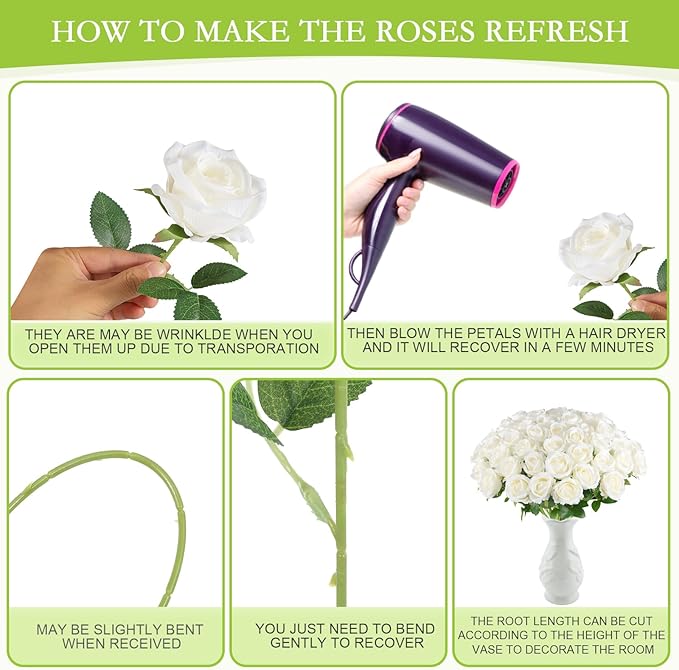 Hananona Artificial Roses in Bulk, Fake Velvet Silk Roses Realistic Rose for Wedding Centerpieces Flower Arrangement Home Decor (50, White)