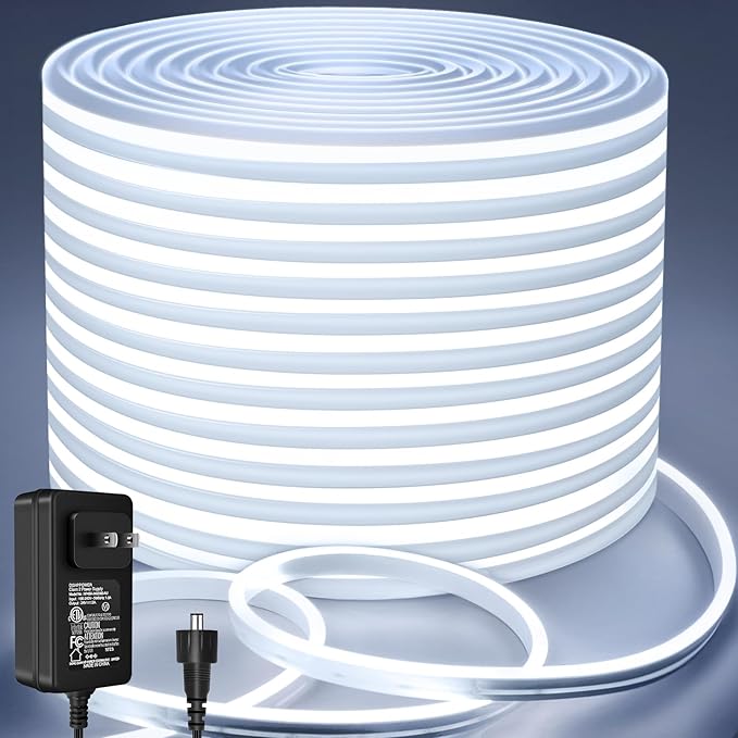 Lamomo Neon LED Rope Light 65.6Ft, White LED Strip Lights 1.96in/Cut, 6000K Waterproof Flexible Silicone 24V Led Strip for DIY Neon Sign Bedroom Indoor Outdoor Decor（Power Adapter Included）