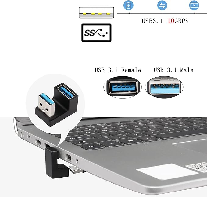 QIANRENON U-Shape USB 3.1 Adapter 180 Degree USB A Male to Female Coupler Connector 10Gbps USB Type A Support Data Transfer Connector Converter OTG for PC Laptop Power Bank 2Pcs