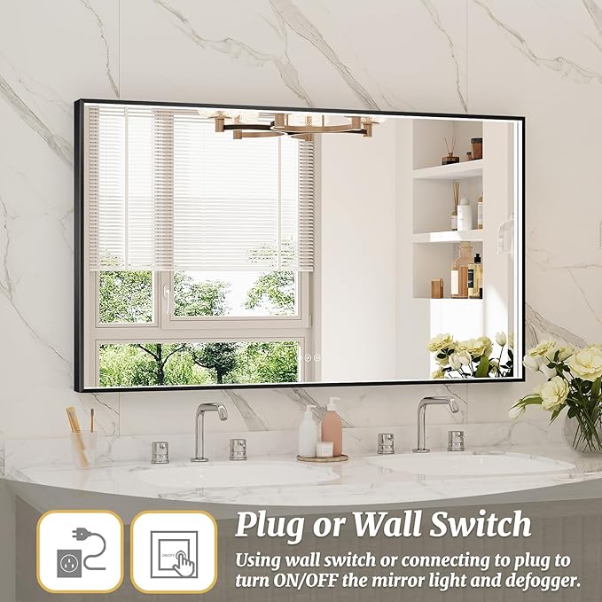48x28 Inch LED Bathroom Mirror, Black Metal Framed Lighted Mirror for Bathroom, Wall Mouted LED Vanity Mirror with Lights, 3 Colors and Stepless Dimmable, Anti-Fog, Memory