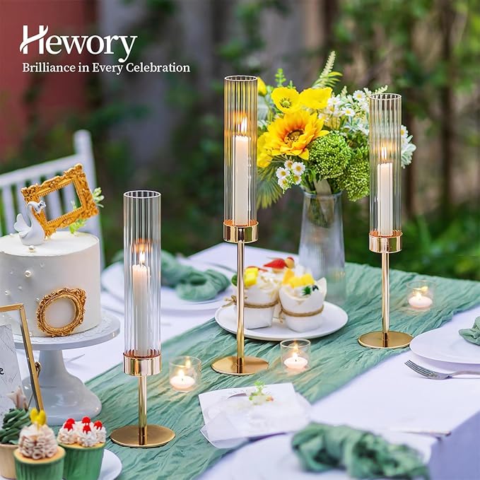 Hewory Gold Taper Candle Holders: Candlestick Holders Set of 6 Hurricane Glass Tall Candle Holder for Candlesticks Candle Sticks Holder Decor for Table Centerpiece Wedding Party Christmas Decorations
