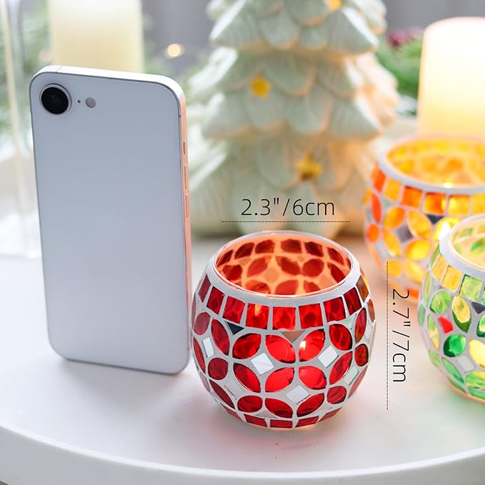 SHMILMH Mosaic Candle Holders Set of 4, Handmade Glass Tealight Votive Holders, Vibrant Red Yellow Blue Green for Diwali Christmas Wedding Party Decor, Year-Round Festive Centerpiece