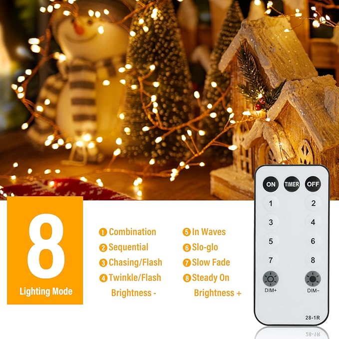 Minetom Fairy Lights Plug in, 23Ft 400LED Firecracker Firefly Lights with Remote, Waterproof Copper Wire Cluster String Lights for Ceiling Bedroom Window Christmas Tree Decoration, Warm White