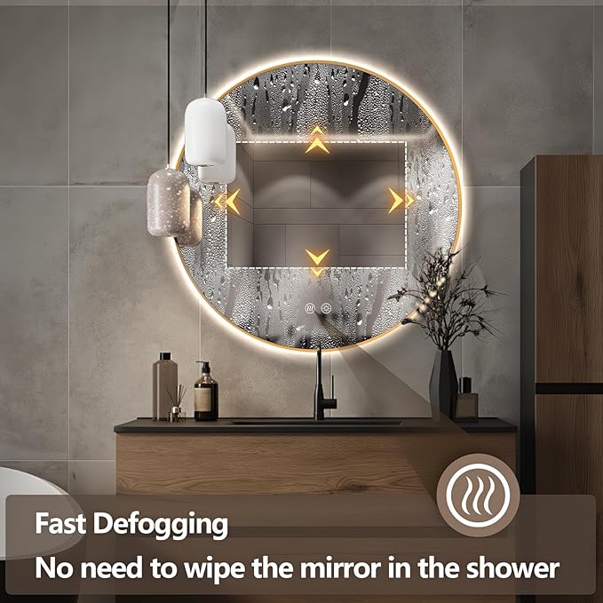Niccy Round Led Mirror for Bathroom, 32" Backlit Mirror for Wall Circle Lighted Mirror with Gold Frame Anti-Fog, 3 Colors, HD Glass and IP65 Waterproof