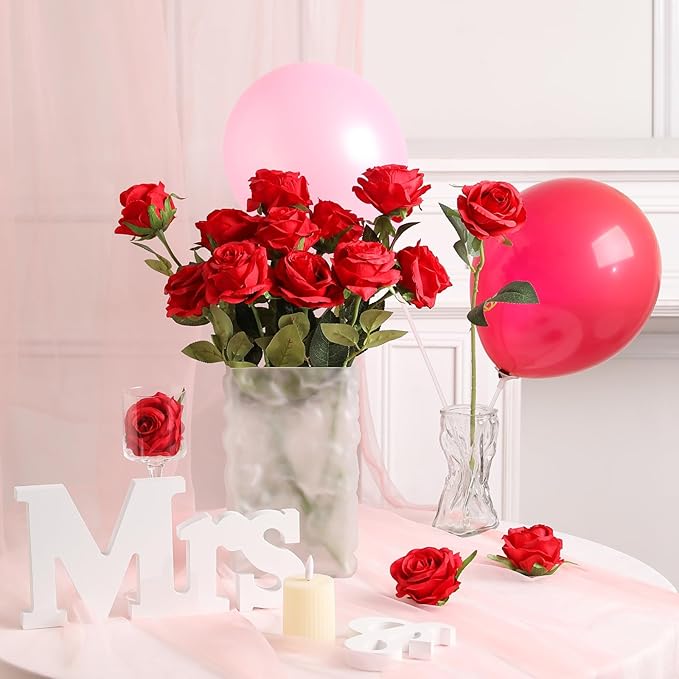JUSTOYOU 30PCS Artificial Roses Silk Flowers in Bulk, Realistic Red Fake Roses for Wedding Decorations, Home Decor, Centerpieces, Indoor Floral Arrangements