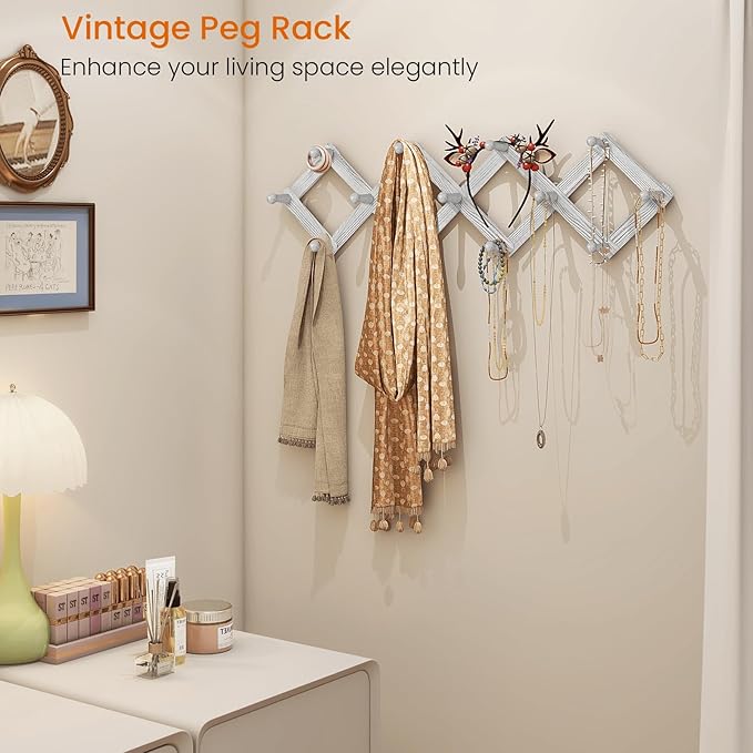 Homode Accordian Wall Hanger, Expandable Coat Rack Wall Mounted, Accordion Style Wood Hat Rack with 13 Peg Hooks for Hanging Coats, Hats, Mugs, Bags, Purses, Necklaces, Rustic White