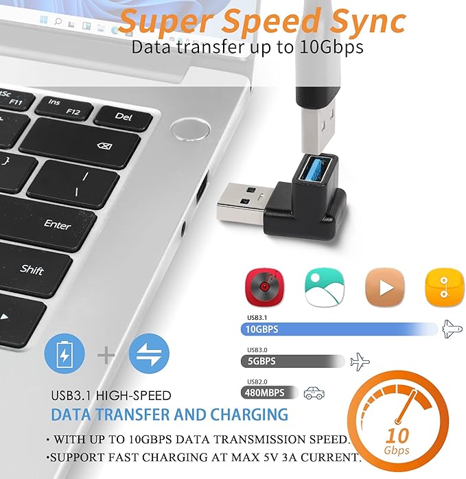 QIANRENON 90 Degree USB 3.1 Adapter USB A Male to Female Right Angle Connector 10Gbps USB Type A 3.1 Data Transfer Converter Coupler OTG for PC Laptop Power Bnak 2Pcs