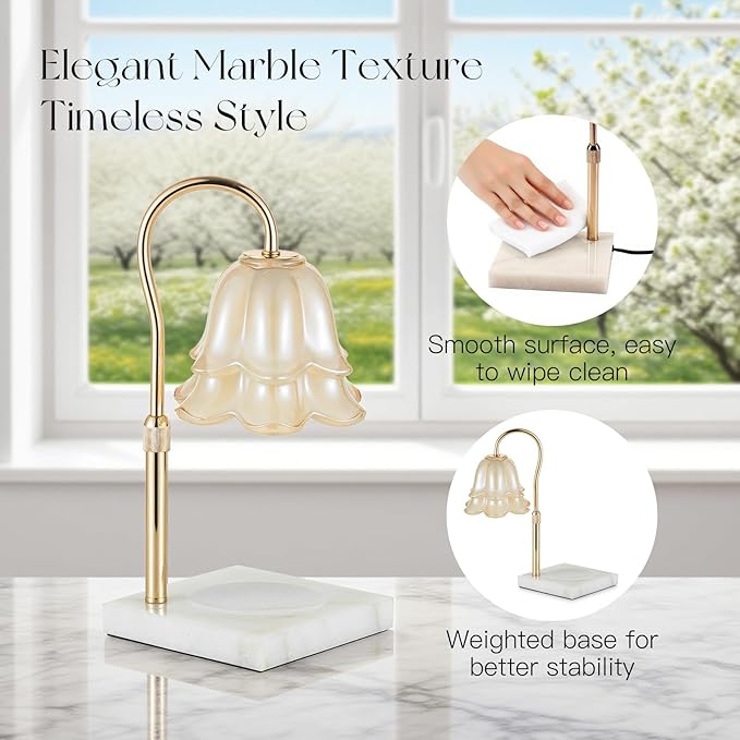 Candle Warmer Lamp with Timer: Flower Candle Warming Lamp with Marble Base Height Adjustable Wax Warmer Dimmable Modern Kitchen Bathroom Decor Mom Birthday Gift for Grandma