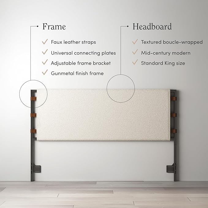 Nathan James Aspen Metal Boucle Fabric Wrapped Headboard, King, White/Gunmetal