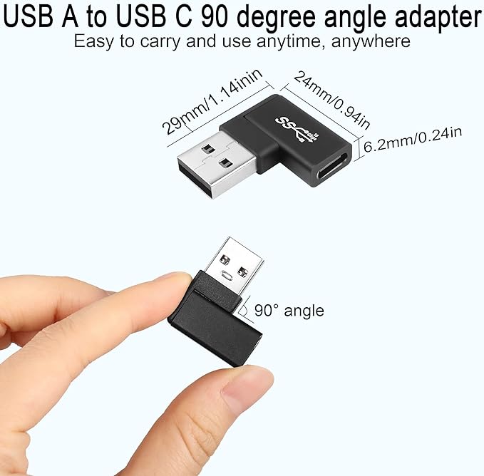 QIANRENON USB 3.1 to USB C 90 Angle Adapter 10Gbps USB A Male to Type C Female Left Angle Coupler Data Transfer L-Shaped Connector for PC Laptop Tablet, 2Pcs (Left Lateral Bend)