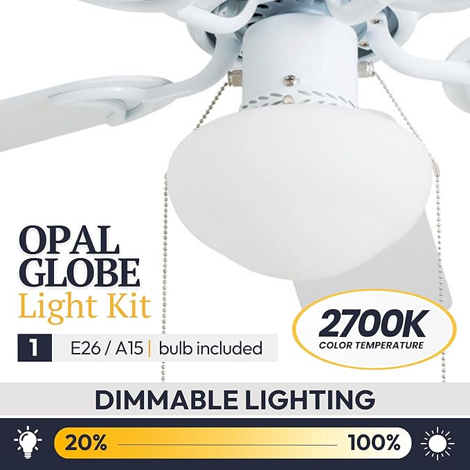 Prominence Home Alvina Traditional 42 Inch Ceiling Fan with Light, LED Flush Mount Ceiling Fan, Indoor Fan with 5 Blades, White and Gray Oak Blade Finish Options, White (80092-01)