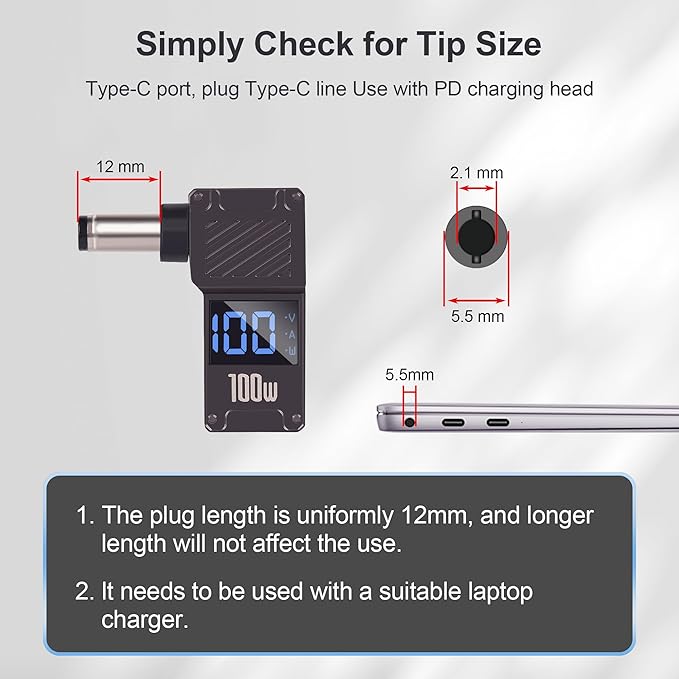 USB C to DC 5.5 x 2.1mm Power Charging Adapter Type C Female to DC 5521 Adapter with Digital Display 100W, for Tablet, PC, IP Camera, Bluetooth Speaker, Webcam Routers