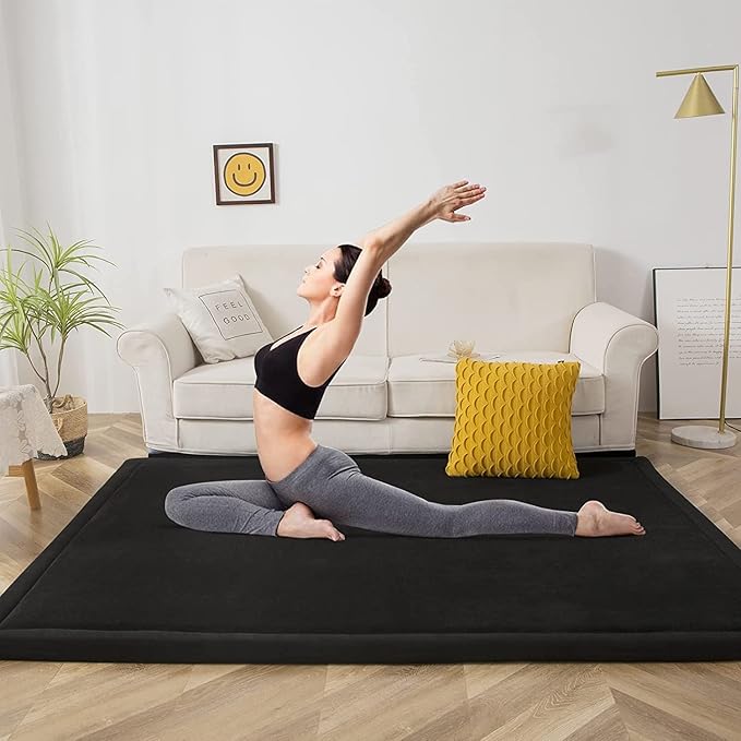 MAXYOYO Baby Play Mat, 1.2" Thick Memory Foam Soft Padded Carpet with Non-Slip Backing, 5x7 ft Japanese Tatami Rug Living Room for Kids, Toddler, Children, Nusery(Black)