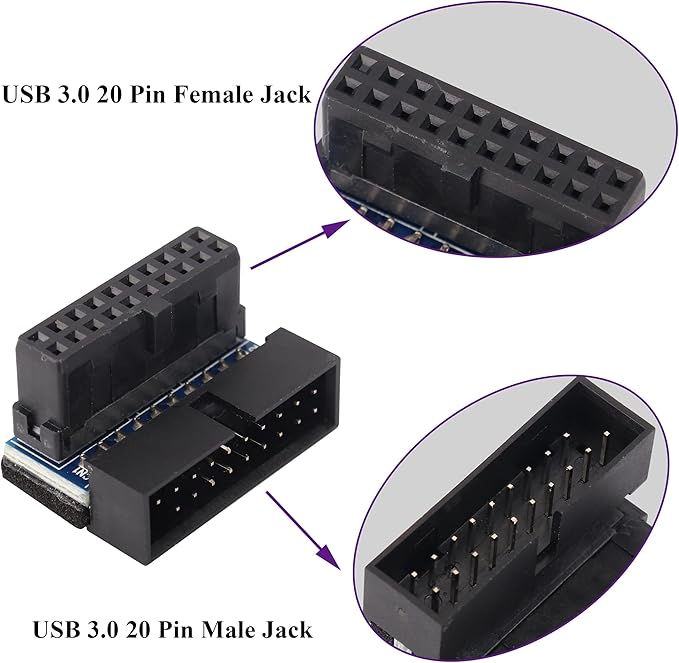 2 Pack Down Right Angle USB 3.0 19-pin Connector 90 Degree 19Pin/20Pin 3.0 USB Female to Male Extension Power Adapter Board for Desktop Motherboard Internal Header Adapter(Down/Black-20Pin)