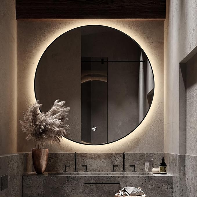 44" Round LED Bathroom Mirror, Wall Mounted Round Backlit Mirror LED Bathroom Vanity Mirror with Lights Fog Free Circle Lighted Mirror with Black Frame, Smart Light up Mirror 3-Color