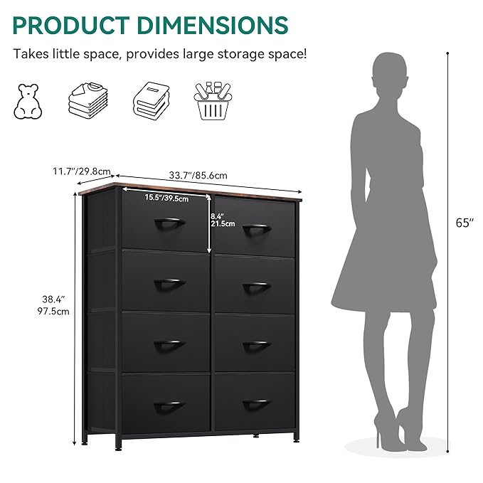 YITAHOME Dresser with 8 Drawers, Tall Storage Tower with 8 Drawers, Black Dresser & Chest of Drawers, Storage Drawer Organizer for Closet, Bedroom, Living Room