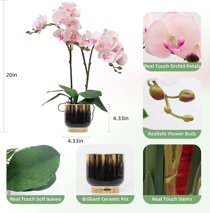 CXGS Orchids Artificial Flowers Real Touch Fake Flowers in Ceramic Pot 20" Pink Faux Orchid Plant Lifelike Silk Phalaenopsis for Centerpiece Hotel Home Indoor Decor