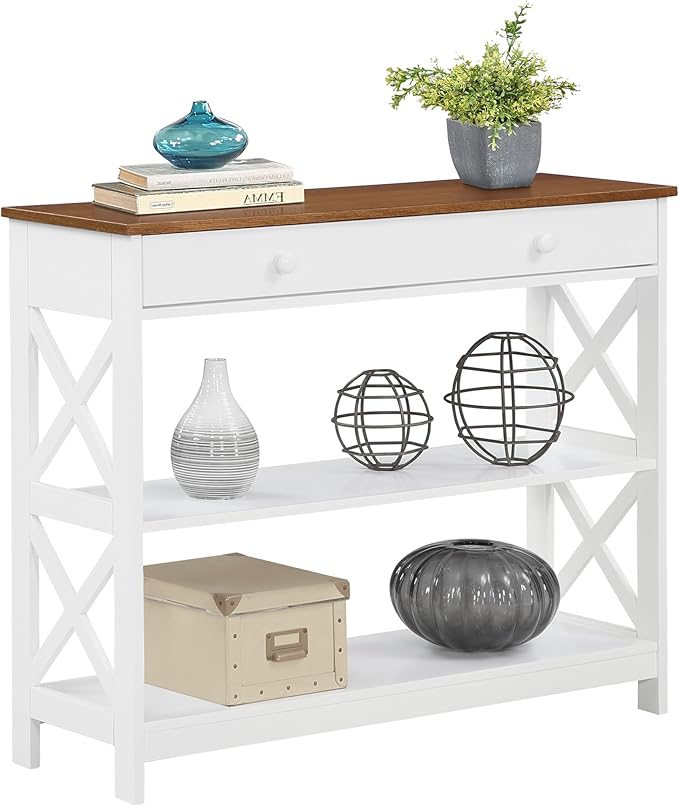 Convenience Concepts Oxford 1-Drawer Console Table 39.5" - Farmhouse Sofa Display with Storage Shelf For Living, Family, & Dining Room, Modern Entryway Hall Table for Kitchen, Bedroom, Driftwood/White