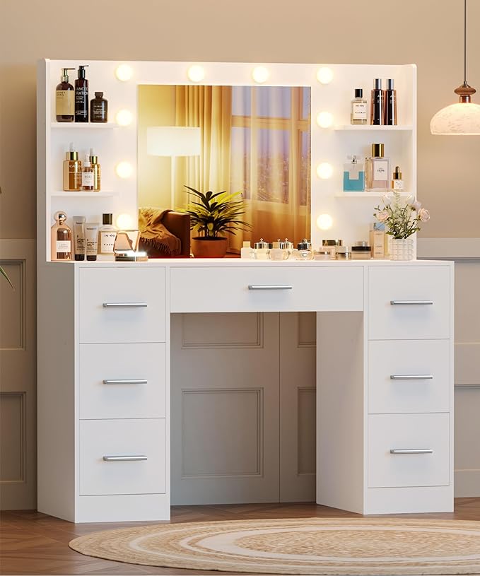 Irontar Makeup Vanity Desk with Mirror, 43.3" L Vanity Table with 10 LED Lights & 7 Metal Sliding Drawers, Brightness Adjustable & Open Shelves, for Women, Wife, White