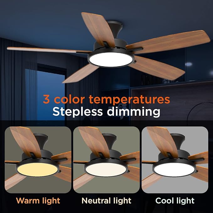 TALOYA 52 inch Ceiling Fans with Lights and Remote, Low Profile Ceiling Fan with Light, Flush Mount, Reversible, 3CCT, Dimmable, Ultra Quiet Black Ceiling Fan for Bedroom Living Room Indoor Outdoor