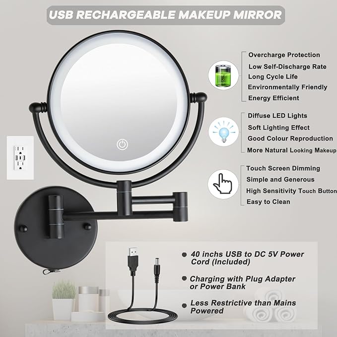 Wall Mounted Makeup Mirror with Lights and 10X Magnification, 8" Rechargeable Double Sided Touch Dimmable Foldable Extended Arm 360 Rotation for Bathroom, Matt Black