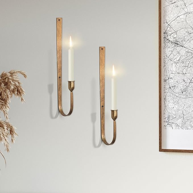 Wall Candle Holder Set of 2, Metal Wall Mount Candle Sconces Holder, Modern Wall Decoration for Living Room, Dining Room, Fireplace, and Weddings (Golden)