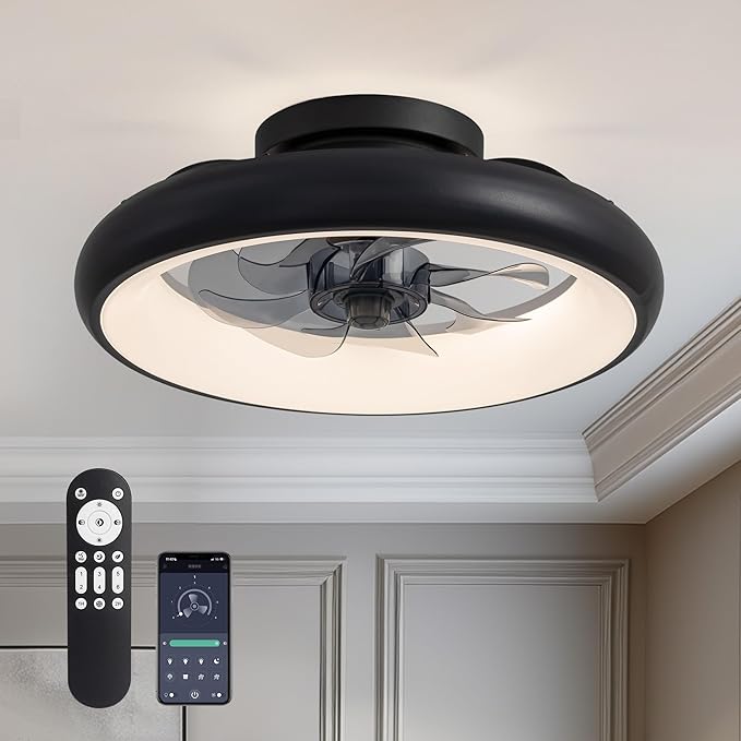 Ceiling Fan with Lights, 15" Flush Mount, Black Low Profile with 6 Wind Speeds, Smart Dimmable LED for Bedroom, Living Room