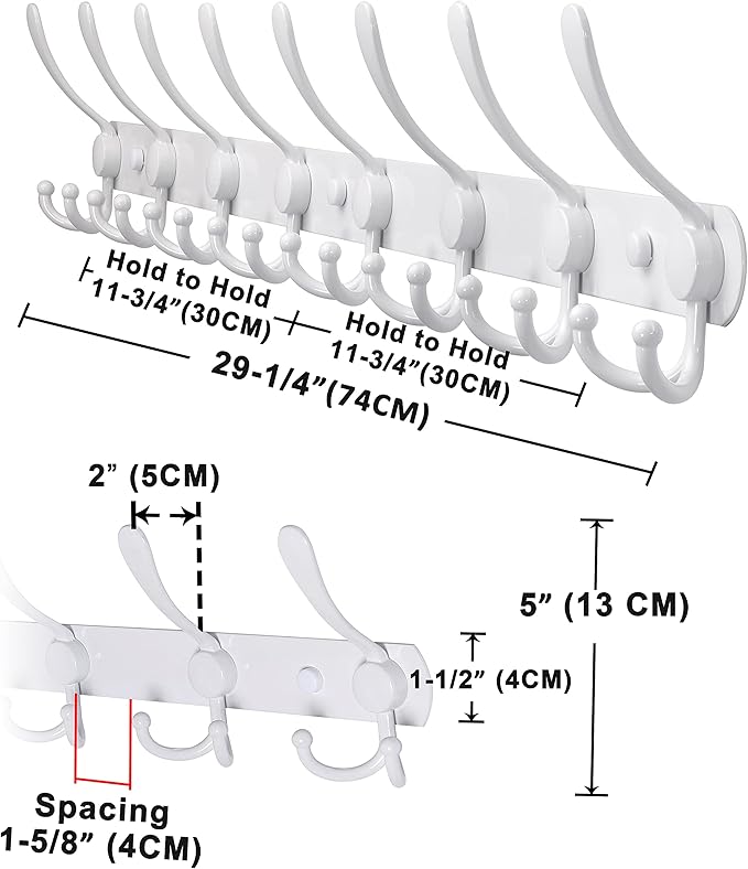 Dseap Coat Rack Wall Mount - 29.5” Long 8-Tri-Hooks Heavy Duty Coat Hanger Rail Wall Hooks for Hanging Coats Hats Clothing Clothes Purse Mudroom Entryway, White