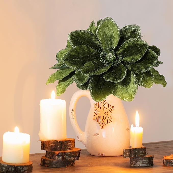 8 Pcs Large Christmas Flower Magnolia Flowers Christmas Tree Decoration Artificial Poinsettia Stems Velvet Xmas Ornaments for Xmas Tree Table Decor (Forest Green,12 Inch)