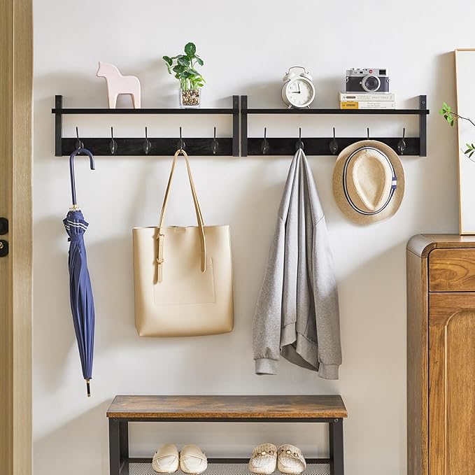 YMYNY Coat Rack Wall Mount with Shelf, 2 Pack 23.6" Coat Hooks Coat Hanger Wall Mount, Wall Hooks for Hanging, Hat Rack for Wall, Towel Hooks for Bathrooms, Black UHWS004B-2