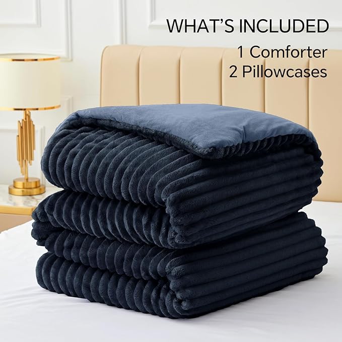 BEDELITE Fleece Oversized Queen Comforter Set -Super Soft & Warm Fluffy Navy Blue Bedding, Luxury Fuzzy Heavy Bed Set for Winter with 2 Pillow Cases
