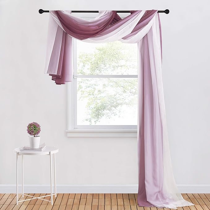 NICETOWN Decorative Wedding Arch Draping Window Scarf Curtains, Romantic Mauve Ombre Voile Sheer Soft Window Scarf Valances for Outdoor/Indoor Big Events, Set of 2, W60 x L216