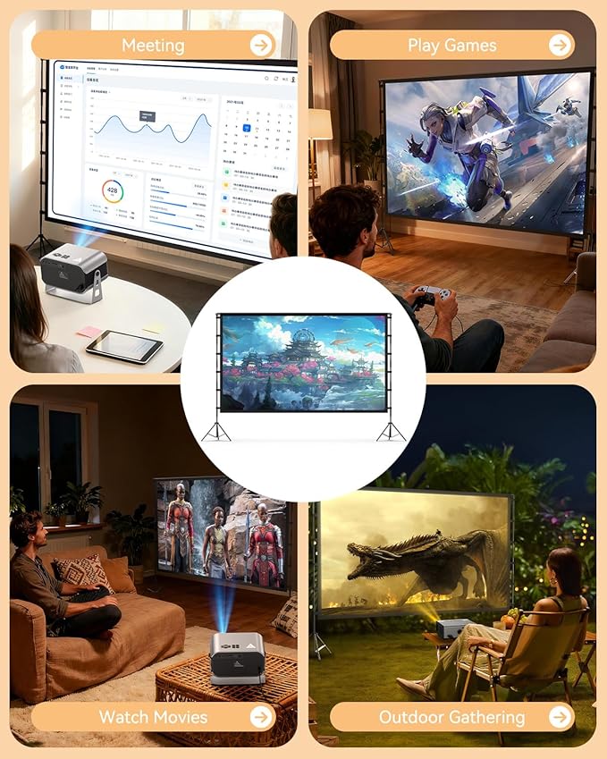120 inch Outdoor Projector Screen with Stand, 16:9 Foldable Anti-Crease with Carrying Bag, Movie Portable Projector Screen for Outdoor Indoor Home Theater, Office, Classroom, Party, Games